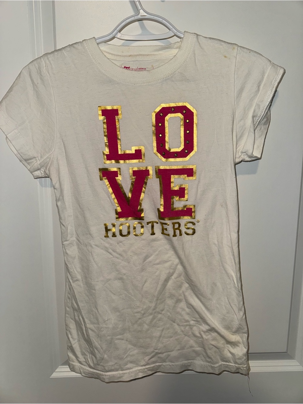 Hooters White Short Sleeve Tee with Pink & Gold LOVE Graphic